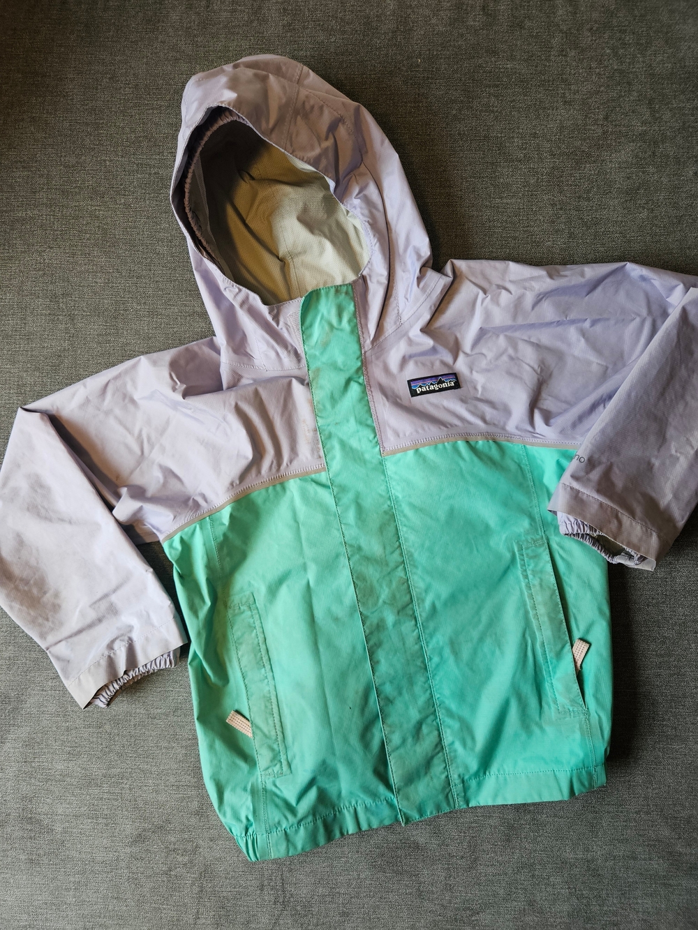 Patagonia Kids Hooded Rain Jacket in Mint Green and Light Lavender